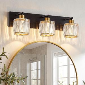 VOLISUN Crystal Vanity Lights for Bathrooms, 3 Light Bathroom Vanity Light, Black and Gold Bathroom Light Over Mirror, Modern Bathrooms Lights Fixtures-UL Certificated(Exclude Bulb)