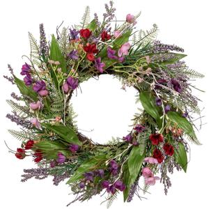 Briful 18’’ Artificial Lavender Wreath YearRound Faux Wildflowers Green Floral Wreaths for Farmhouse Front Door Mantle Bedroom Kitchen Decor