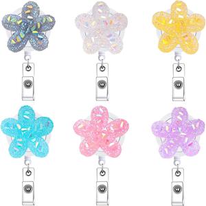6Pcs Cute Rhinestone Flower Badge Reel Retractable Accessories with Alligator Clip Fun Bling Floral Spring Badge Holder for ID Card CNA RN LPN Nursing Student Medical Assistant Badge Clip