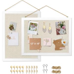 2-Pack Double-Sided Cork Board with Linen, 16" x 12" Hanging Wood Framed Bulletin Board, Picture Display Vision Board Kit Corkboards for Wall School Office Decor, 20 Pushpins (Vintage White)