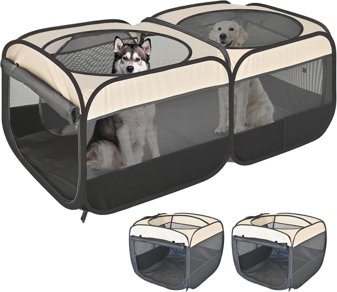 2-in-1 Pop Up Puppy Playpen, Detachable into 2 Separate Pens with Additional Doors, Assembly-Free Portable Cat Dog Crates Pet Pen Tent Kennel Kitten Enclosure Cage Indoor Outdoor Foldable Condo(L) (L, 73.3"L x 37.5"W x 32"H)