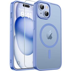 zapica Magnetic for iPhone 15 Plus Case & iPhone 14 Plus Case, with [Tempered Glass Screen Protector] [Compatible with MagSafe] Translucent Matte Shockproof Anti-Scratch Phone Cover, Blue Purple