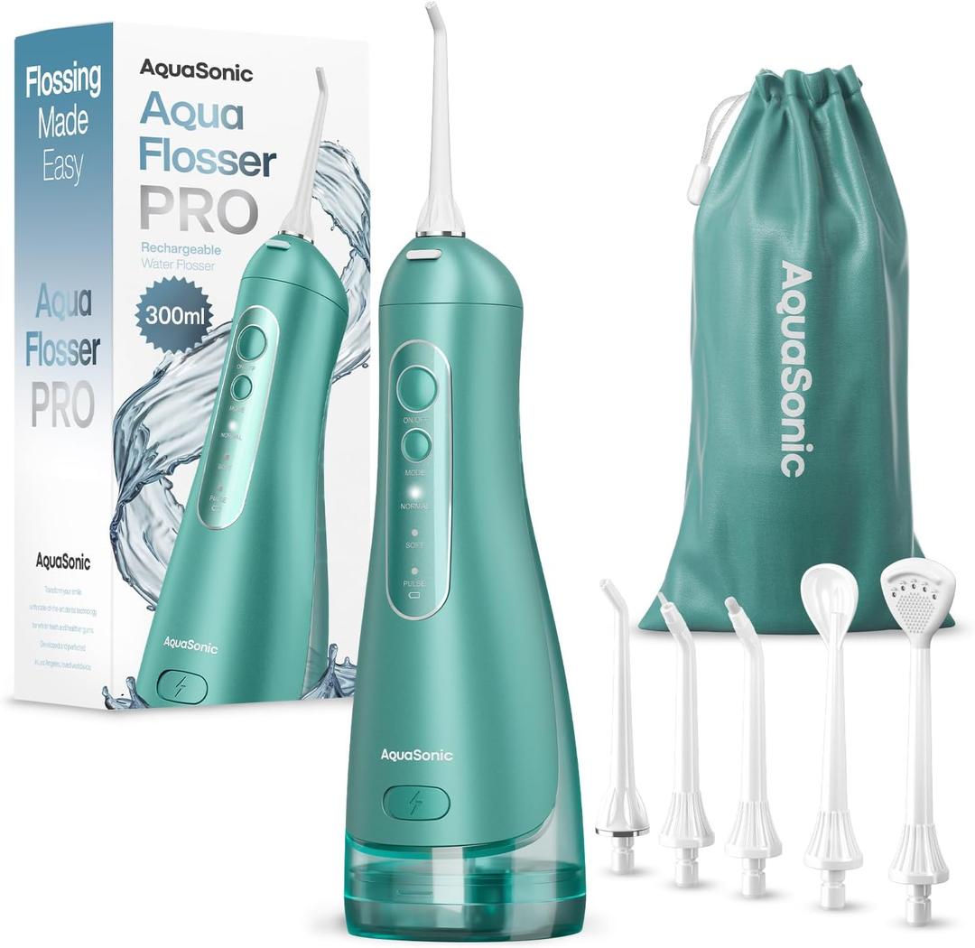AquaSonic Aqua Flosser PRO - Rechargeable Cordless Water Flosser for Teeth, Gums & Tongue - Modern Design, 300ml Large Tank, 6 Jet Tips with Deluxe Tongue Nozzle, 3 Modes, Waterproof Mint Green