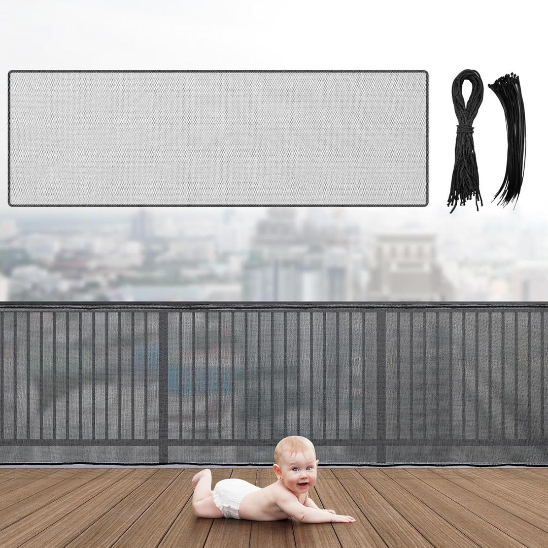 Hosuly Banister Guard 6.5 x 3 ft Balcony Netting for Kids Pets Stairway Safety Net Baby Fence Door Balcony Netting Safety Mesh Stair Net with No Drilling for Apartment Railing(Black)