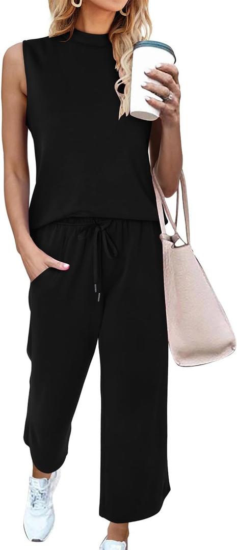 CHICZONE Two Piece Summer Sets for Women Casual Travel Vacation Outfits Wide Leg Crop Pants Lounge Sets (Black, L)