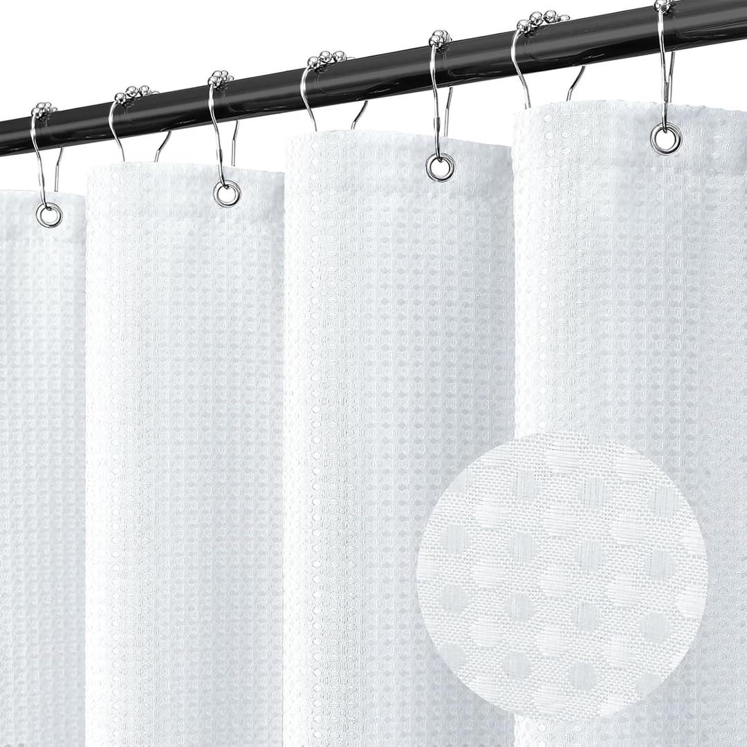White Shower Curtain Fabric, Waffle Shower Curtains for Bathroom, Hotel Luxury Cloth Bath Curtain Boho Bathroom Decor Set with Grommets Washable No Hooks 72 x 72 Inch