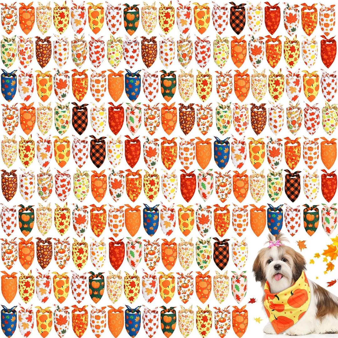 Sweetude 200 Pieces Fall Dog Bandanas Bulk Thanksgiving Day Bandanas for Dogs, Pumpkin Maple Leaves Pattern Pet Triangle Scarf Puppy Dog Kerchief Bibs for Autumn Holiday Costume Accessories Decoration