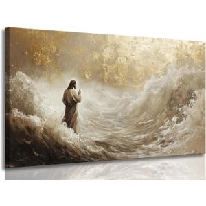 Jesus Walking on Water Canvas Wall Art Christian Walking With God Paintings Pictures Wall Decor Religious Bible Stories Printing Artwork for Living Room Bedroom Church Home Decoration Ready To Hang