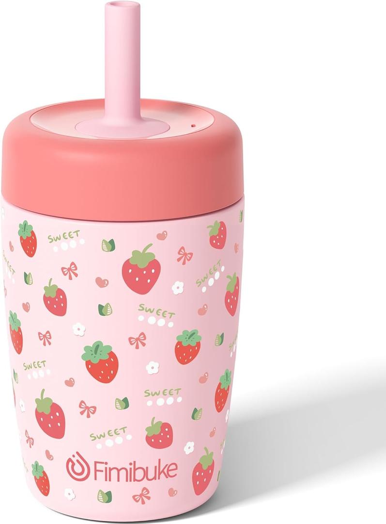 Fimibuke Kids & Toddler Cups Spill Proof, 12 OZ Insulated Sippy Cups for Toddlers Boys Girls, BPA-Free Toddler Straw Tumbler, Stainless Steel Kids Water Bottle with Twist Lids & Silicone Straw, 1 Pack