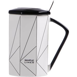 Random blind box Coffee Mug Geometric Patterns Ceramic Tea Cup 14 OZ, Novelty Coffee Mug with Lid and Spoon Tea Milk Cup for Office and Home Birthday Anniversary Choice for Women and Men (Black White)