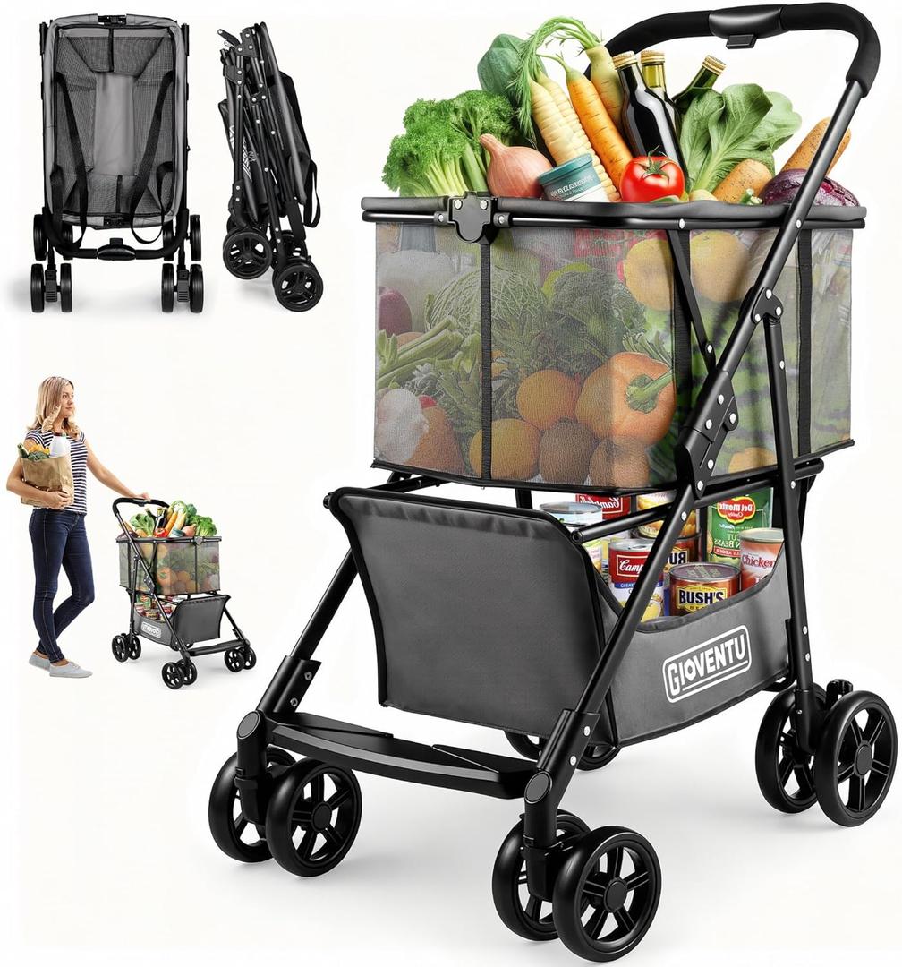 Folding Shopping Cart with Wheels, 80lbs Multi Use Grocery Carts with 360 Wheels & Removable Tote Bag, Multifunctional Portable Personal Shopping Carts for Groceries, Black