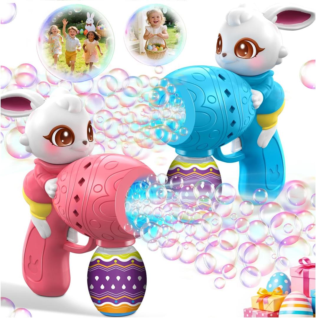 Easter Bubble Guns for Toddlers & Kids: Easter Basket Stuffers 2-Pack Bunny & Egg Themed - Leak-Proof Bubble Blaster Toys with Refill Solution - Perfect for Easter Egg Hunt & Outdoor Party (Blue-pink)