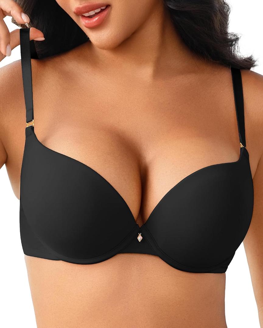 Push Up Bras for Women Padded Add Cup Size Sexy Plunge Demi Bra Underwire (Black), 38C