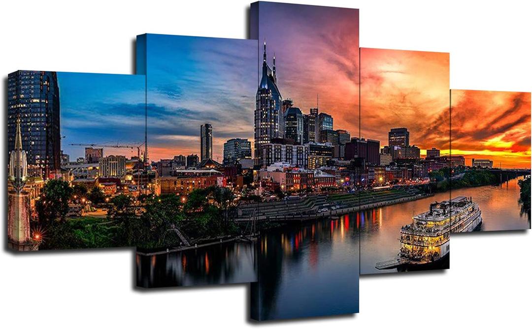 Nashville Wall Art Nashville Tennessee Art Wall Decor Nashville Skyline Picture Canvas Print Cumberland River Poster Framed Home Living Room Bedroom Decoration(60''Wx32''H)