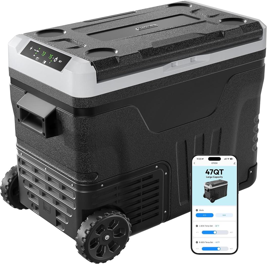 EUHOMY 12 Volt Refrigerator with Remote App Control, 47QT(45L) Dual Zone Electric Cooler with Wheels & Basket, Portable Freezer 12/24V DC & 110-240V AC, 12V Cooler for Travel, Truck, Camping, Boat, RV