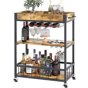 Bar Cart Serving Wine 3 Tier Home Rolling Rack with Wheels Mobile Kitchen Industrial Vintage Style Wood Metal Serving Trolley Serving Cart,Glass Holder Bar Cabinet (Rustic Brown)