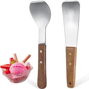 Patelai 2 Pcs Ice Cream Scoop Stainless Steel Ice Cream Shovel with Wooden Handle Dessert Spade Butter Cutter Flat Metal Spade for Dining Kitchen Utensil Home Commercial