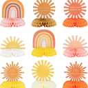 9Pcs Boho Sun Honeycomb Centerpieces Table Toppers Hippie Rainbow Muted Sunrise Table Decor First Trip Around the Sun Birthday Party Decoration Baby Shower Supplies for Baby Boys Girls