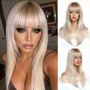 Blonde Wig for Women Long Straight Layered Wigs with Bangs 24 Inches Ombre Blonde Wig with Dark Roots Synthetic Wigs for White Women Natural Looking Hair Replacement Wig for Girls Daily Party Use