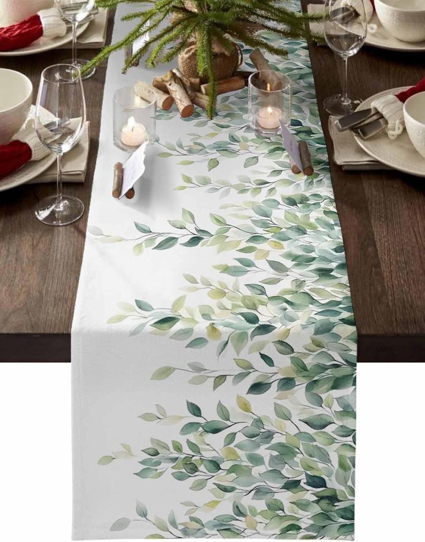 Sage Green Leaf Table Runner Spring Eucalyptus Plants White Tablerunners 13 x 48 Inch , Table Decorations Tabletop Scarf for Winter Family Gathering Holiday Farmhouse Kitchen Dining Decor for Home