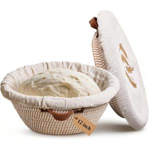 12 Inch Large Cotton Rope Banneton Bread Proofing Basket Set, 2 Pack Round Sourdough Bread Baking Supplies with Liners & Covers for Artisan Bread Baking