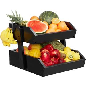 Bamboo 2 Tier Fruit Basket for Kitchen Counter, Large Capacity Fruit Storage Countertop, Fruit Holder, Wood Pantry Organizers and Storage, Kitchen Countertop Organizer With Two Banana Hangers (Black)