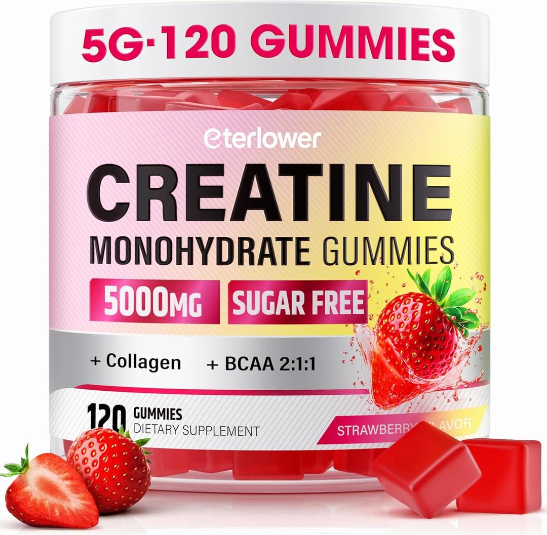 Creatine Monohydrate Gummies, 5g Creatine Gummies for Women & Men.Pre-Workout & Muscle Growth Support, Contains BCAA, Collagen, Sugar-Free, 120 Count