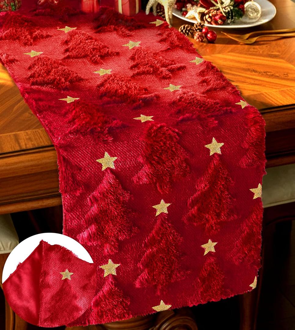 Red Christmas Tree Table Runner - 13x72 inch Flannel Backing Christmas Table Runner with Double-Layer Design, Soft Plush Faux Fur Jacquard, Festive Holiday Kitchen Dining Xmas Decoration