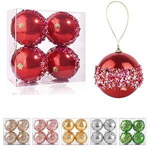 4pc Champagne Gold Christmas Ball Ornaments, 4pc Set Red Shatterproof Christmas Decorations Tree Balls for Xmas Trees Wedding Party Holiday Decorations (10.5CM/4")