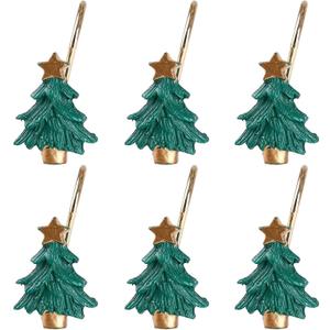 Two Fish Home Fashions Decorative Christmas Tree Resin Shower Curtain Hooks Set of 12, Christmas Tree Resin Curtain Rings Pack of 12 (Green)