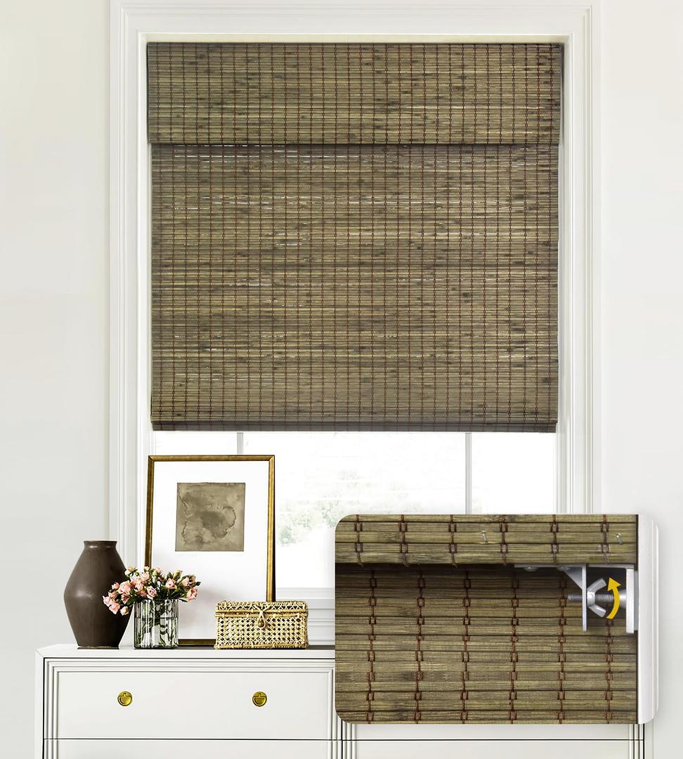 LazBlinds No Drill Cordless Bamboo Roman Shades, 29.5" W 64" H, Driftwood