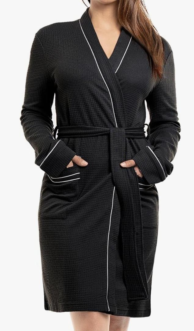 Women's Robe Soft Knit Waffle Bathrobe Lightweight Knee-Length Loungewear XL, Black 