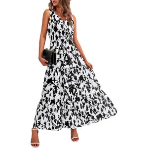 BTFBM Women Summer Dresses Casual Sleeveless Floral Maxi Dresses (White, XXL)