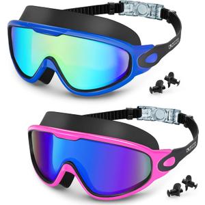 Water Space Swim Goggles 2 Pack for Adult Men Women, Anti-fog UV Protection No Leak 180 Wide View Clear Vision Pool Goggles