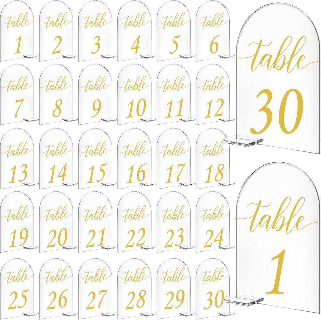 Vicenpal 30 Sets Arch Acrylic Sign Gold Printed 1-30 Table Signs with Stands Calligraphy Clear Table Number Display Stand for Wedding Reception Event Party Restaurant Centerpieces Decor (4 x 6 Inch)
