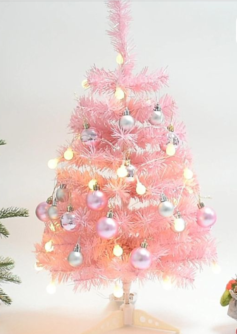 Pink Mini Christmas Tree,2Ft/24Inch Tabletop Small Christmas Tree with Light Ball Ornaments,Battery Operated Desktop Miniature DIY Tree Christmas Decorations