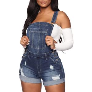 Women's Sexy Distressed Denim Shortall Romper Ripped Denim Jeans Bib Overall Jumpsuits (Medium, Blue)
