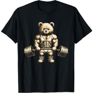 Funny Teddy Bear Lifting Weights Gym Workout Animal Shirts T-Shirt M
