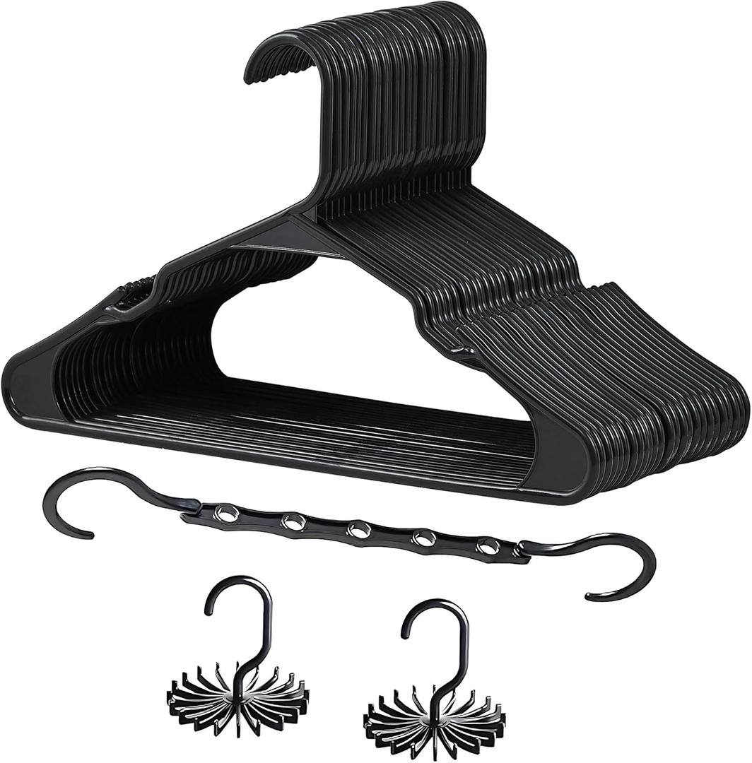 VECELO 25 Pack Plastic Clothes Hangers With Shoulder Grooves - Space Saving Heavy Duty Coat Hanger for Closet, Black