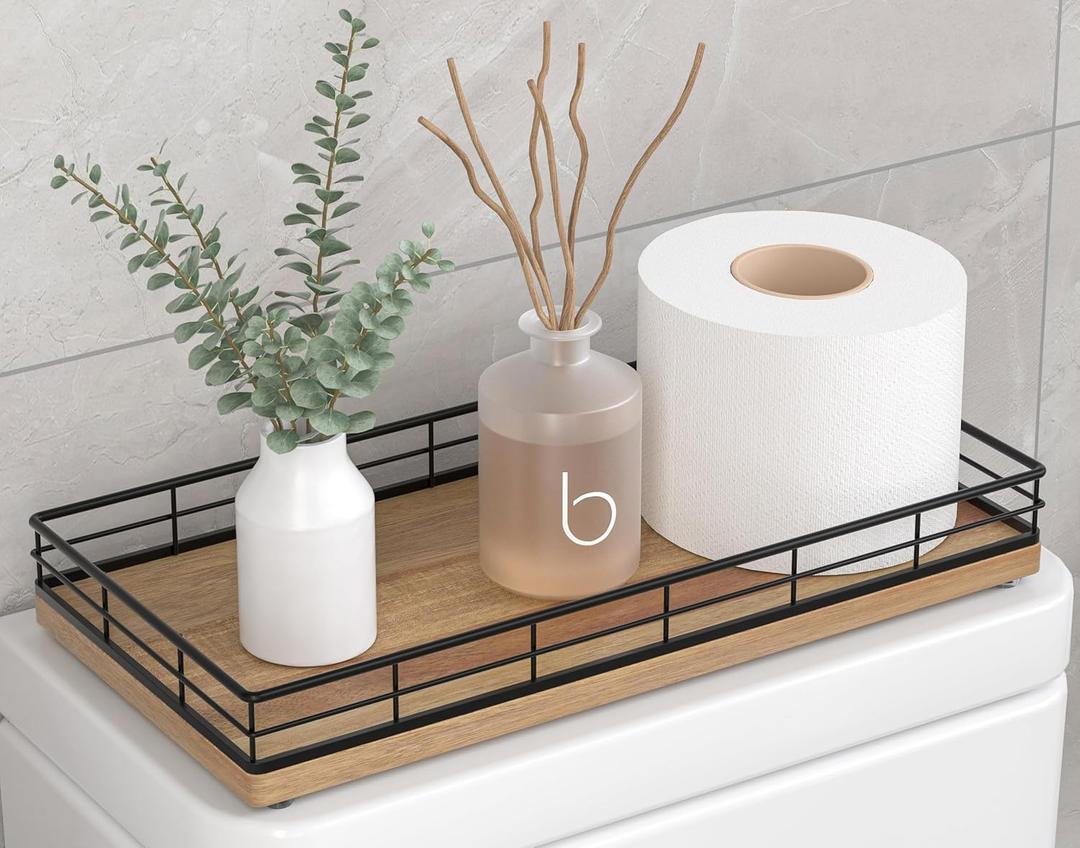 Toilet Paper Basket Organizer Acacia Wood Toilet Tank Tray with Metal Frame, Bathroom Counter Top Storage for Toilet Paper, Wipes & Decor, Modern Narrow Back of Tank Shelf Organizer, Black & Acacia