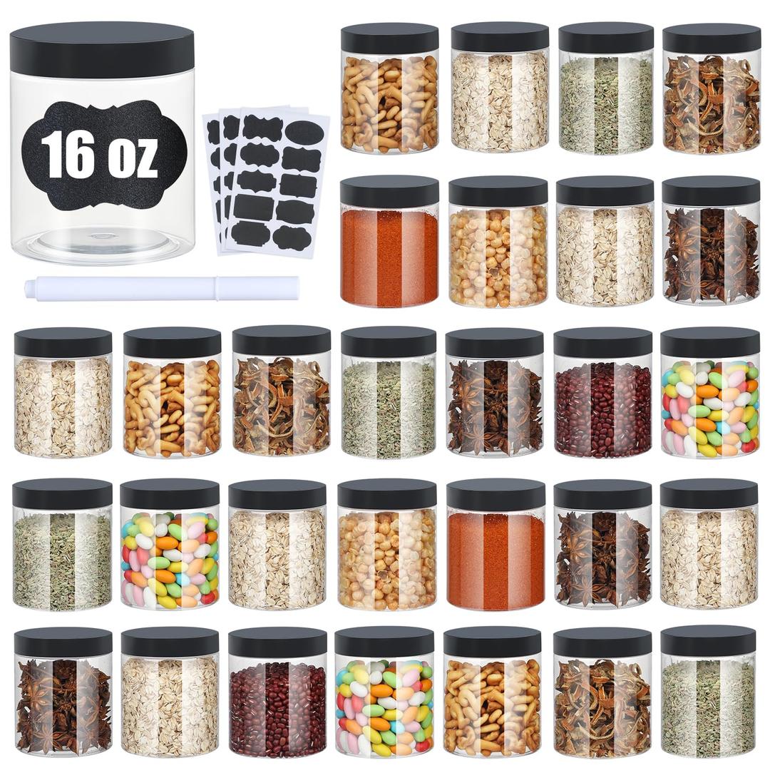 Plastic Jars with Lids, Airtight Container Ideal For Dry Food, Honey Jam, Peanut Butter, Cosmetics, Cream, Bathroom and Storage Included Extra Label and A Pen (30 PCS Black Lids)