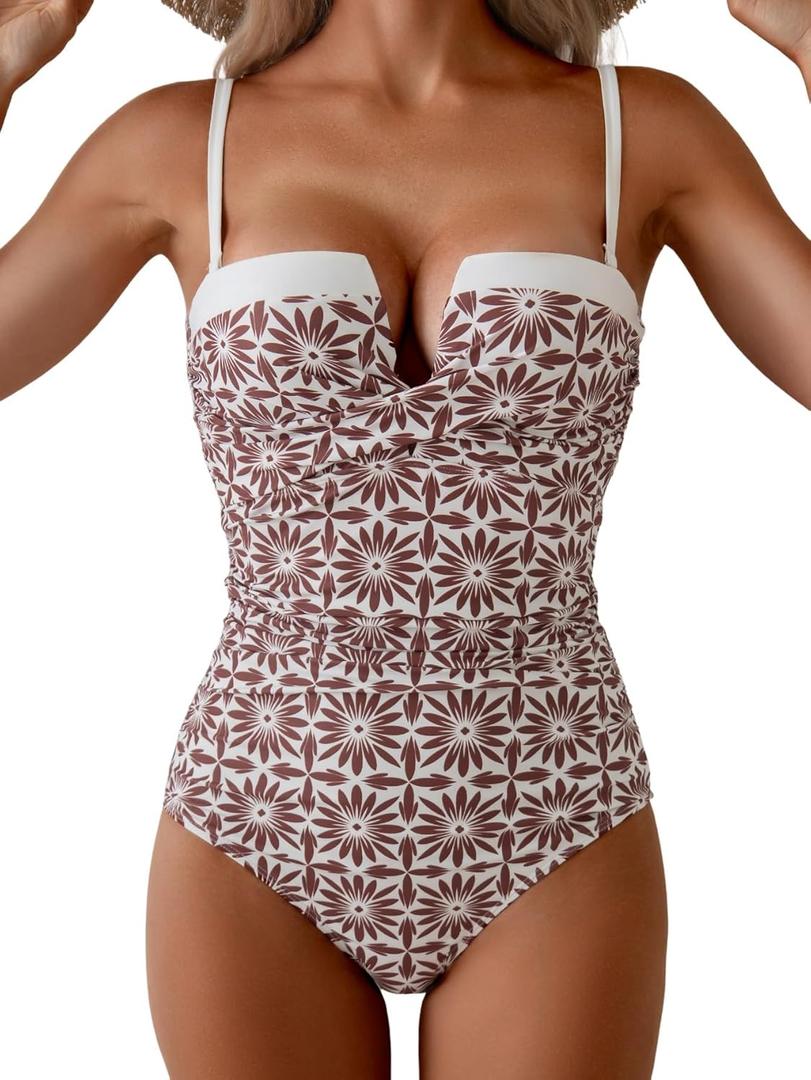 Aidonger Women's Push Up Wrap Swimsuit Tummy Control One Piece Bathing Suits Bandeau Color Block Slimming Swimwear, S