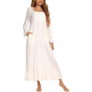 Women Long Sleeve Button Embroideries Victorian Nightgowns Ruffle Cute Sleep Dress Nightdress Pajamas Dress  (Large, White-new)