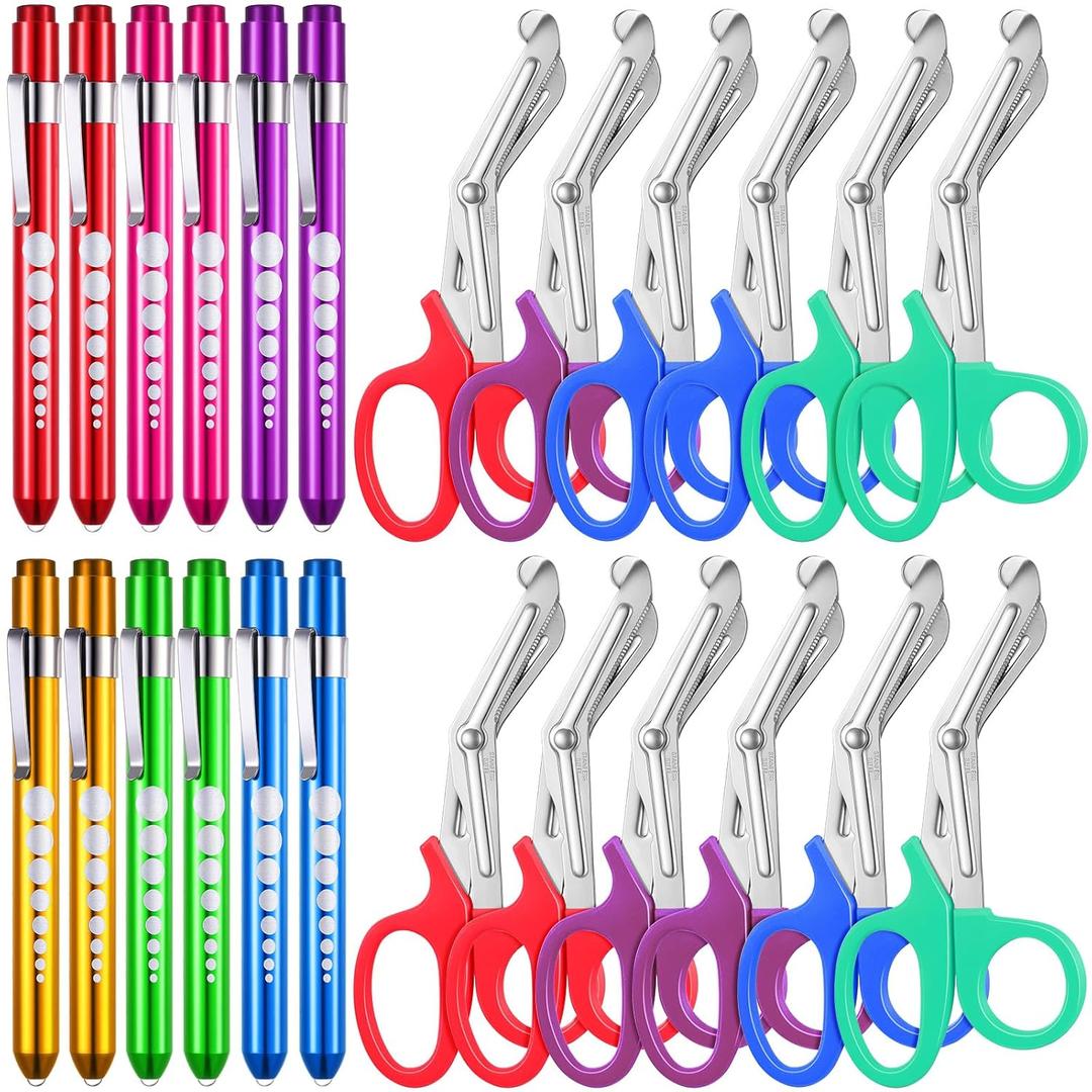 Chumia 24 Pack Trauma Shears Pen Light Bulk for Nurses Nursing Scissors with Pupil Gauge Bandage Nurse Scissors LED Penlight Medical Accessories Gifts for Doctor CNA RN First Aid EMT EMS (Rainbow)