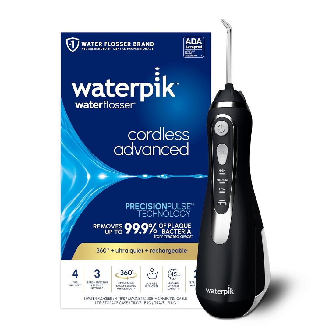 Waterpik Cordless Advanced 2.0 Water Flosser For Teeth, Gums, Braces, Dental Care With Travel Bag and 4 Tips, ADA Accepted, Rechargeable, Portable, and Waterproof, Black WP-582, 