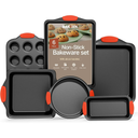Baking Set – 6 Piece Kitchen Oven Bakeware Set – Deluxe Non-Stick Black Coating Inside and Outside – Carbon Steel – Red Silicone Handles –Bakken