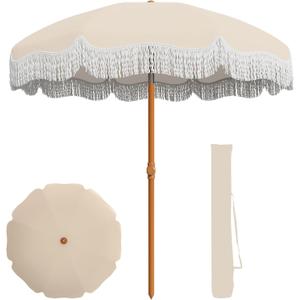 AreShark 7ft Patio Umbrella with Fringe, UPF50+ Beach Umbrella for Table, Pool & Garden, Portable Outdoor Tassels Umbrella w/Fiberglass Ribs&Push Bottom Tilt(Ivory)