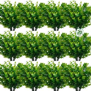 TURNMEON 20 Bundles Artificial Greenery Plants Outdoor Summer Decor, UV Resistant Fake Plants Boxwood Shrubs Grass,Faux Eucalyptus Flowers for Farmhouse Gardens Home Patio Indoor Cemetery Decor(Green)