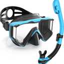 Greatever Snorkel Set Pano 3 Window Snorkel Mask Adult, Panoramic Wide View, Anti-Fog Scuba Diving Mask, Anti-Leak Snorkel Goggles Dry Top Snorkel, Professional Snorkeling Gear for Adults (Black SkyBlue)