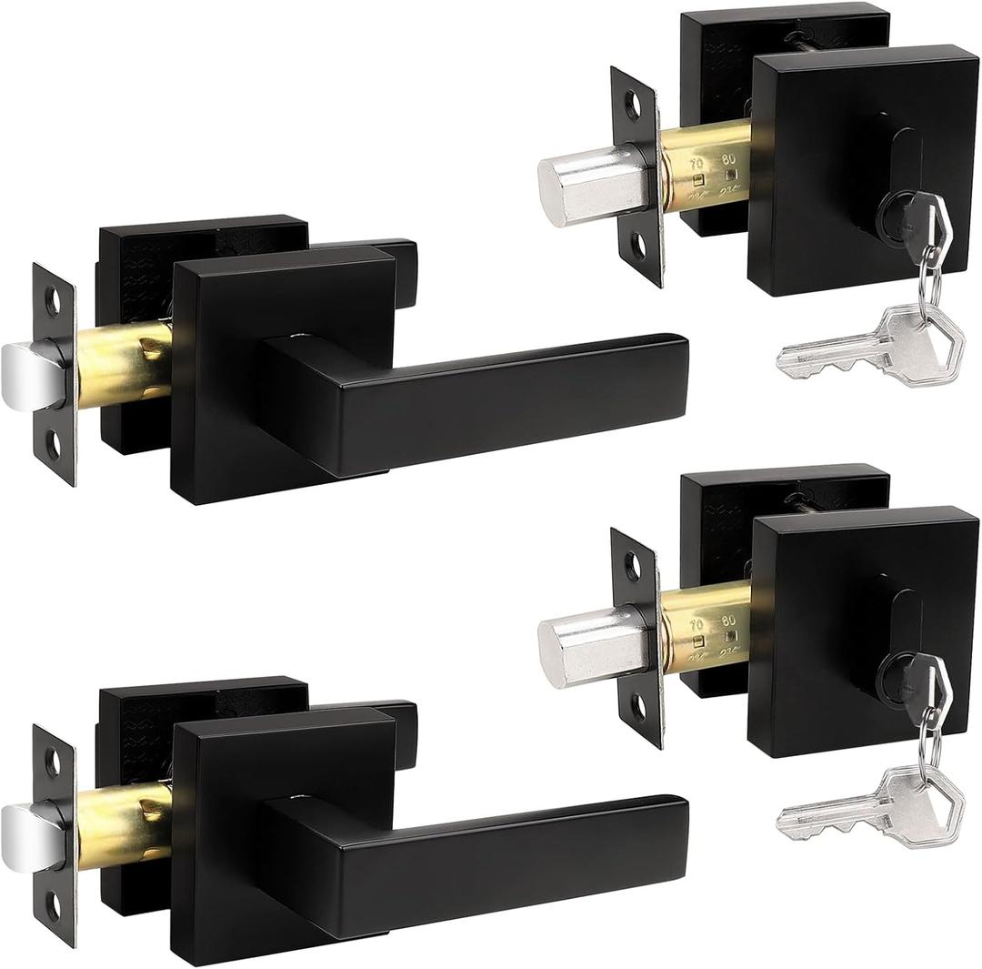 Probrico Flat Black Passage Door Lever with Single Cylinder Deadbolts Combo Pack, Modern Square Lock Set Handleset,Exterior Door Handle and Deadbolts Set,Exterior Door Lever Passage 2 Pack